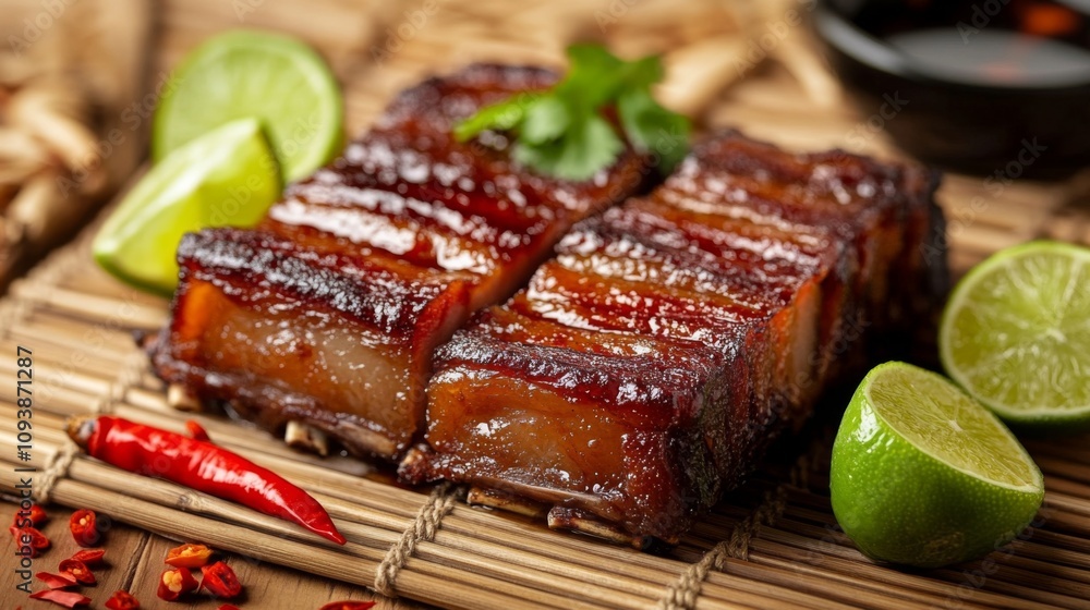 Deliciously Glazed Pork Belly on Bamboo Mat with Lime Wedges and Red Chili Peppers, Perfect for Asian Cuisine and Food Photography Deliciously Glazed Pork Belly on Bamboo Mat with Lime Wedges and Red Chili Peppers, Perfect for Asian Cuisine and Food Photography