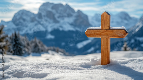 wooden cross stands tall against a blurred snow-covered background symbolizing faith solitude and resilience amidst harsh conditions the simplicity of the scene evokes contemplation and peace