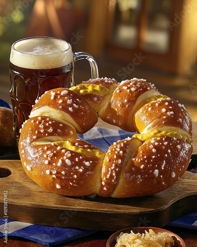 hearty German pretzel with mustard and beer cheese