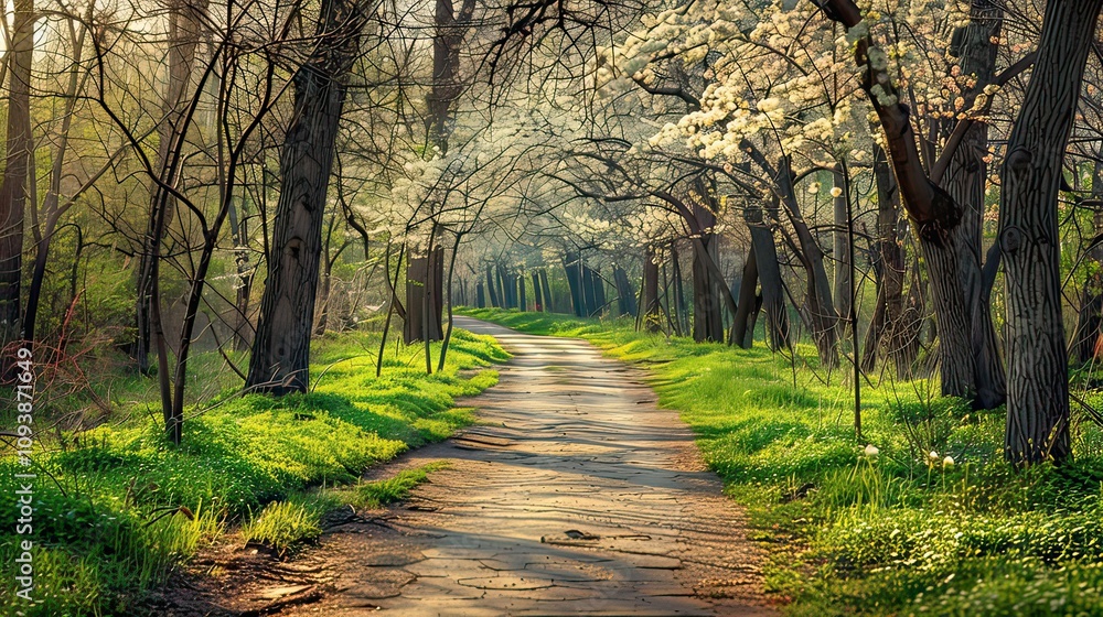 A winding country path lined with blossoming trees and new green leaves, inviting a leisurely stroll.