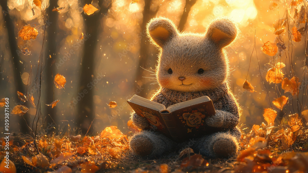 cute animal is reading book in cozy autumn setting, surrounded by falling leaves and warm sunlight, creating peaceful and enchanting atmosphere cute animal is reading book in cozy autumn setting, surrounded by falling leaves and warm sunlight, creating peaceful and enchanting atmosphere