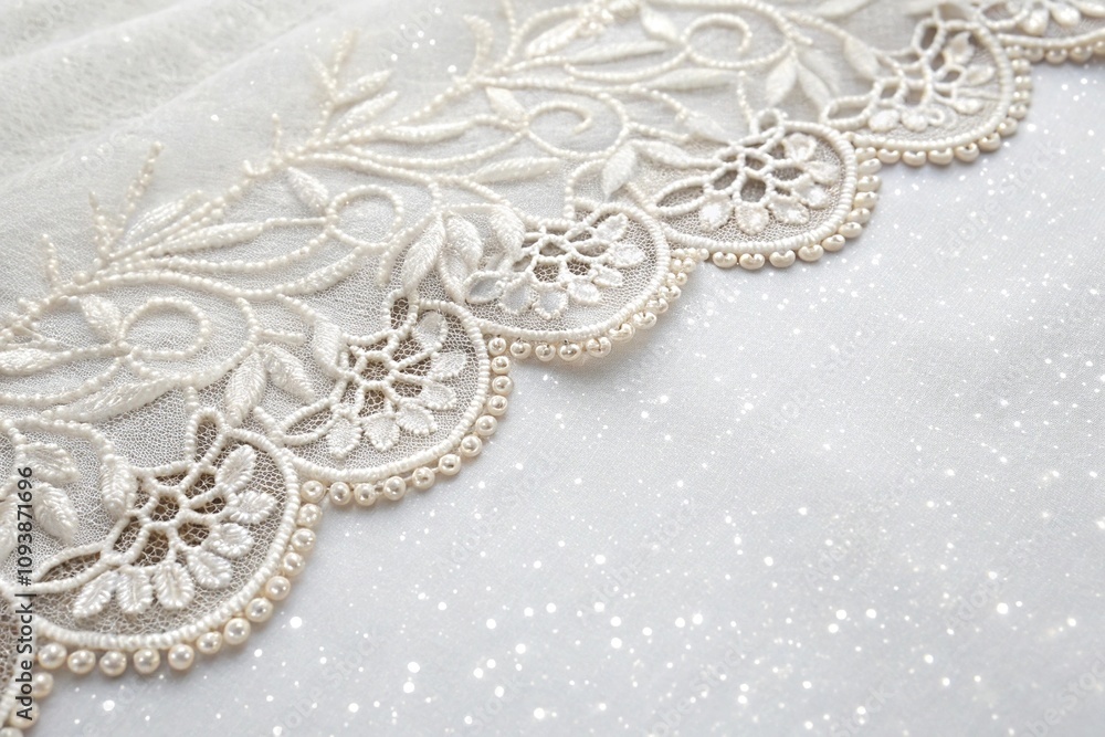 Obraz premium Delicate lace overlay on a white background with subtle shimmer, intricate, background, overlay, lace