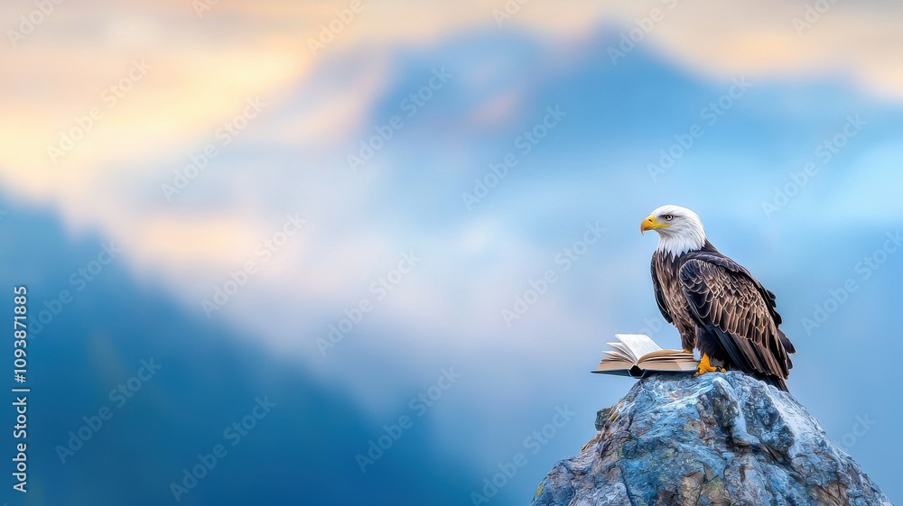 Fototapeta premium majestic eagle perched on mountain peak with open book, surrounded by serene and misty landscape. scene evokes sense of wisdom and tranquility