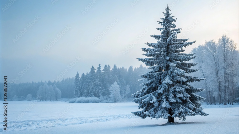 Obraz premium Dense snow-covered pine tree stands alone in the frozen forest landscape its branches etched against a pale blue sky, isolated tree, icy forest, forest scene