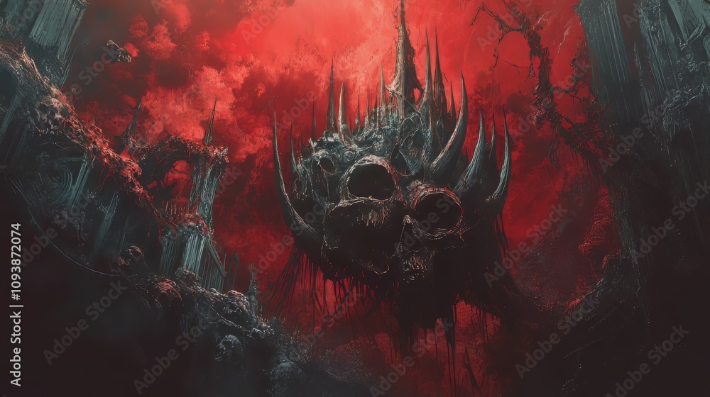 Obraz premium Dark, ominous castle structure amidst a fiery red sky