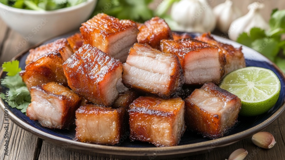 Deliciously Crispy Pork Belly Cubes Displayed on a Rustic Wooden Table with Fresh Herbs, Lime, and Garlic for Culinary Inspiration and Recipe Ideas Deliciously Crispy Pork Belly Cubes Displayed on a Rustic Wooden Table with Fresh Herbs, Lime, and Garlic for Culinary Inspiration and Recipe Ideas