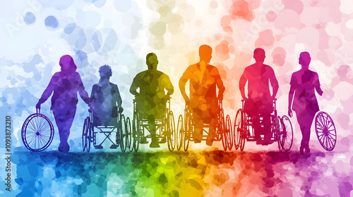Vibrant group of people illustration, disability inclusion art, colorful disabled community, diversity celebration art