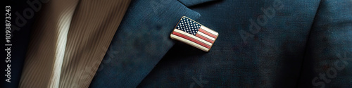 Close-up of an American flag pin on a woman's lapel. photo