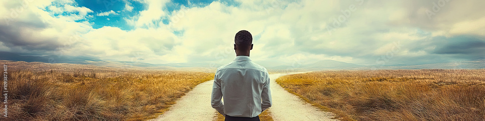 Land of Opportunity: A young man standing at a crossroads, one path leading forward, the other back. Land of Opportunity: A young man standing at a crossroads, one path leading forward, the other back.