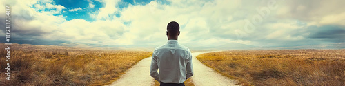 Land of Opportunity: A young man standing at a crossroads, one path leading forward, the other back.