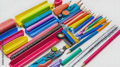 close up of school supplies highlighted by white, png photo