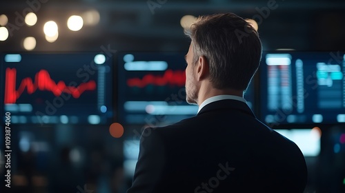 Business professional analyzing stock market data on screens.