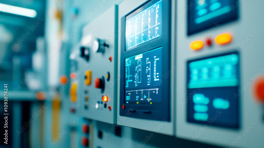 A close-up view of a control panel with digital displays, buttons, and indicators, typical in industrial or technological settings. A close-up view of a control panel with digital displays, buttons, and indicators, typical in industrial or technological settings.