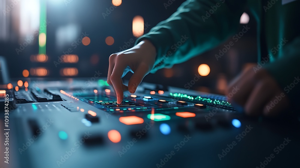 Close-up of a hand adjusting controls on a music mixing console. Close-up of a hand adjusting controls on a music mixing console.