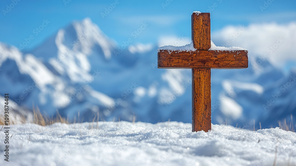 wooden cross stands tall against a blurred snow-covered background symbolizing faith solitude and resilience amidst harsh conditions the simplicity of the scene evokes contemplation and peace wooden cross stands tall against a blurred snow-covered background symbolizing faith solitude and resilience amidst harsh conditions the simplicity of the scene evokes contemplation and peace