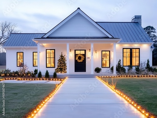 Modern white house with a single pine wreath on the door and subtle warm string lights along the roofline
