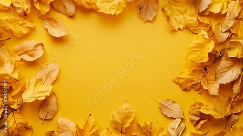 Golden Autumn Leaves Frame on Yellow Background AI Generated