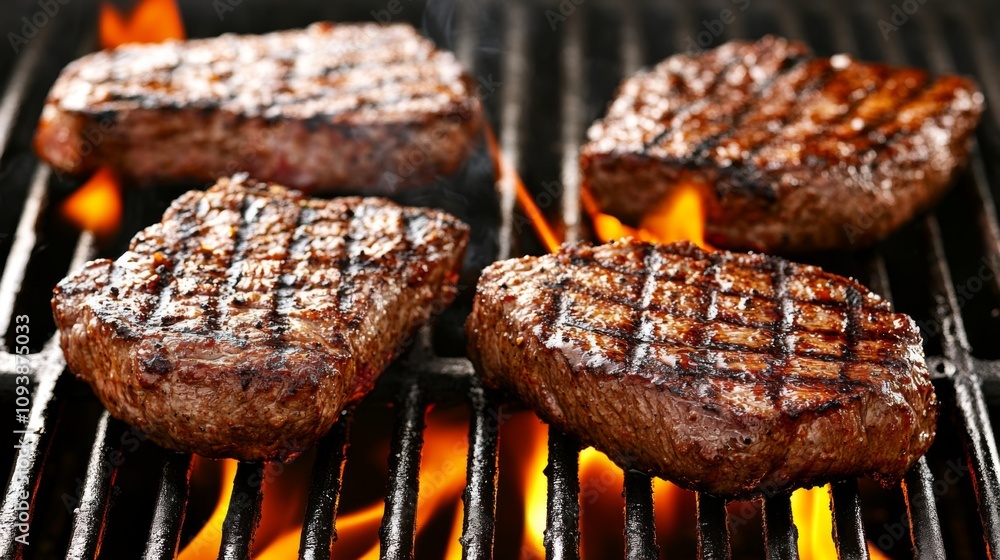 Delicious Grilled Steak Cooking on Hot Charcoal Grill with Flames and Perfect Grill Marks for Culinary and Food Photography Projects Delicious Grilled Steak Cooking on Hot Charcoal Grill with Flames and Perfect Grill Marks for Culinary and Food Photography Projects