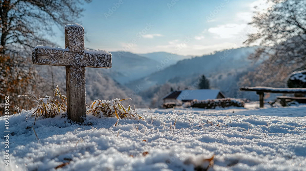 wooden cross stands tall against a blurred snow-covered background symbolizing faith solitude and resilience amidst harsh conditions the simplicity of the scene evokes contemplation and peace wooden cross stands tall against a blurred snow-covered background symbolizing faith solitude and resilience amidst harsh conditions the simplicity of the scene evokes contemplation and peace