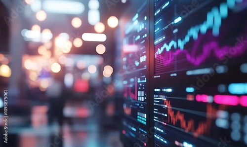 Digital financial data display with vibrant graphs and metrics.