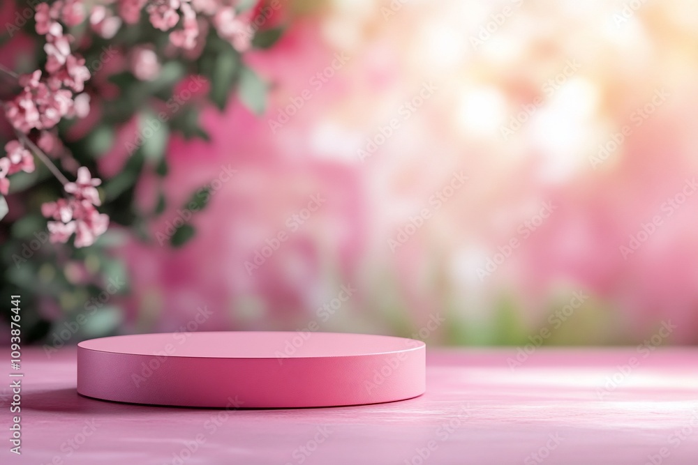 A soft pink platform surrounded by floral elements for product display. A soft pink platform surrounded by floral elements for product display.