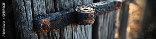 Burnt Out Brand: A charred branding iron rests against a weathered wooden fence post, a testament to the harsh realities of ranching life. photo