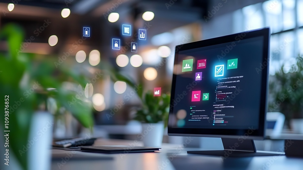Modern workspace with a computer displaying data analytics. Modern workspace with a computer displaying data analytics.