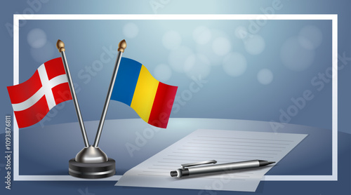 Denmark and Romania National flags on small table with bokeh background, cooperative relationship