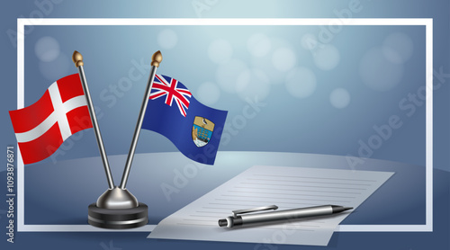 Denmark and ST. Helena National flags on small table with bokeh background, cooperative relationship