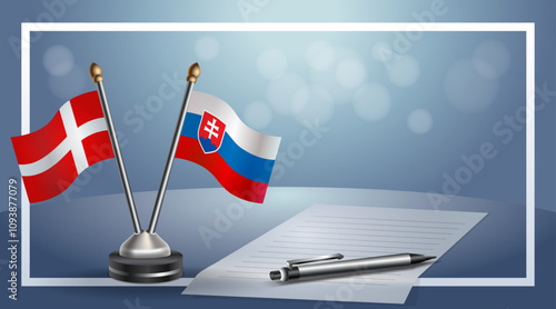 Denmark and Slovakia National flags on small table with bokeh background, cooperative relationship