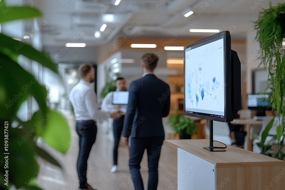 Professionals discussing data in a modern office environment. Professionals discussing data in a modern office environment.