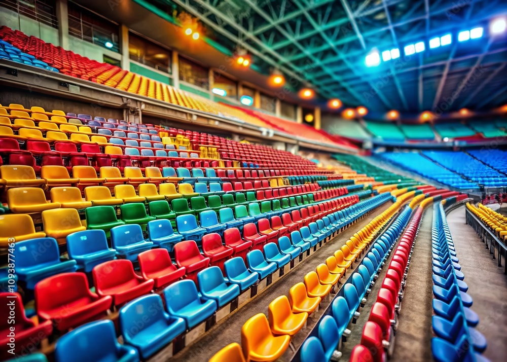 Obraz premium Empty Arena with Plastic Seats Captured in Tilt-Shift Photography Showcasing the Unique Perspective of Sports Venues and Their Seating Arrangements