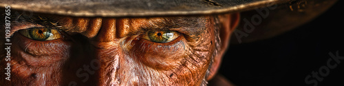 Fierce Stare: A close-up of a determined cowboy's gritty face, wearing a leather vest and a Stetson.