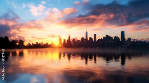 Sunset over a city skyline reflecting in water.