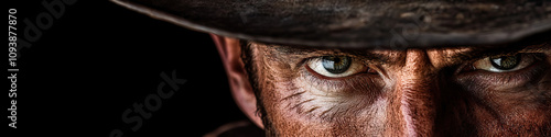 Fierce Stare: A close-up of a determined cowboy's gritty face, wearing a leather vest and a Stetson.