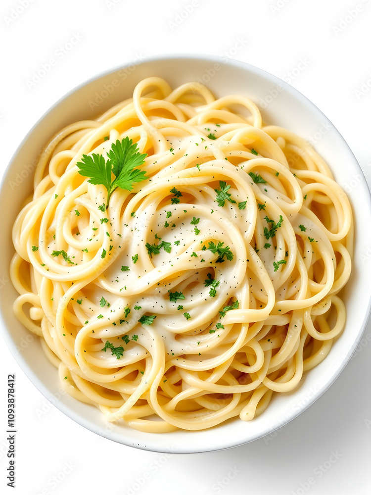 A white bowl of creamy pasta with Alfredo sauce, garnished with parsley, presented on a pure white background