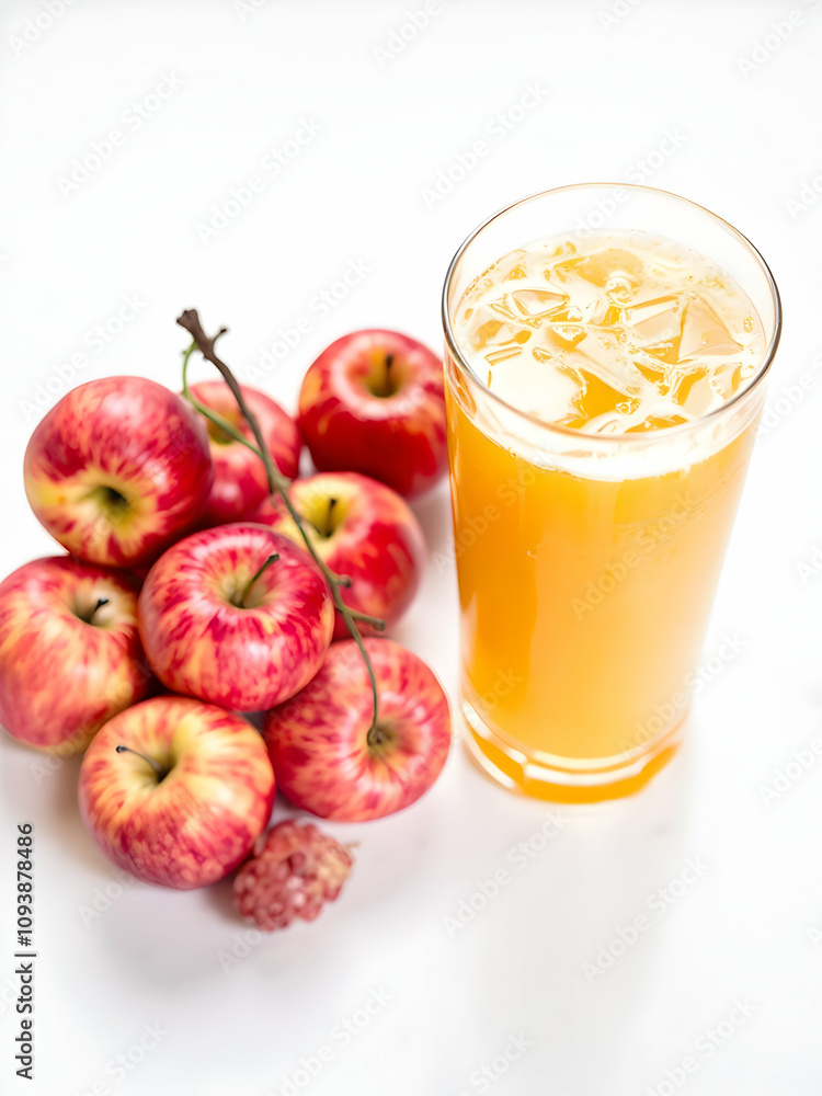 A cluster of fresh apples and a glass of freshly pressed apple juice, styled on a white surface. A cluster of fresh apples and a glass of freshly pressed apple juice, styled on a white surface.