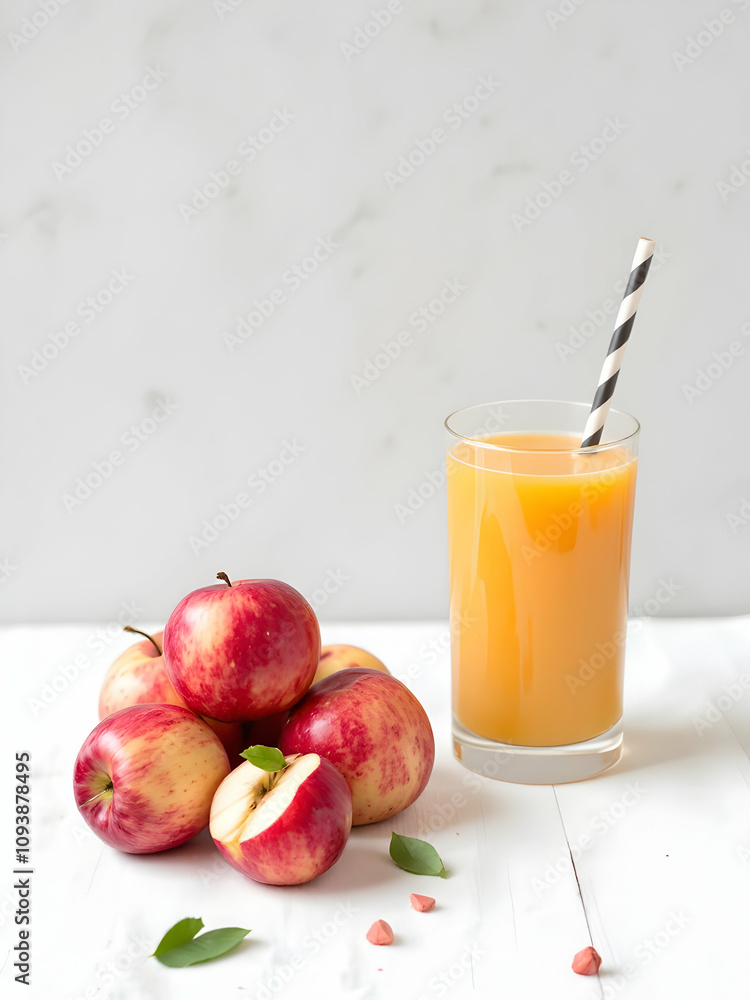 A cluster of fresh apples and a glass of freshly pressed apple juice, styled on a white surface. A cluster of fresh apples and a glass of freshly pressed apple juice, styled on a white surface.