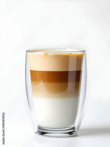 A latte in a clear glass cup showing distinct coffee and milk layers, against a seamless white background.