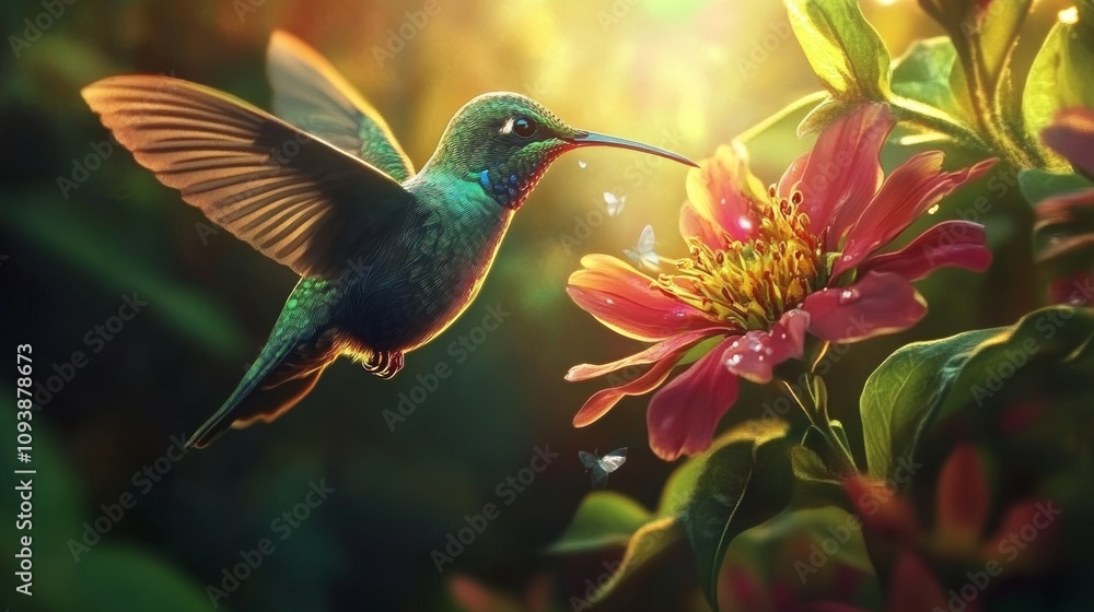 Colorful hummingbird hovering near vibrant flower in sunlight, showcasing iridescent feathers with enchanting details Colorful hummingbird hovering near vibrant flower in sunlight, showcasing iridescent feathers with enchanting details