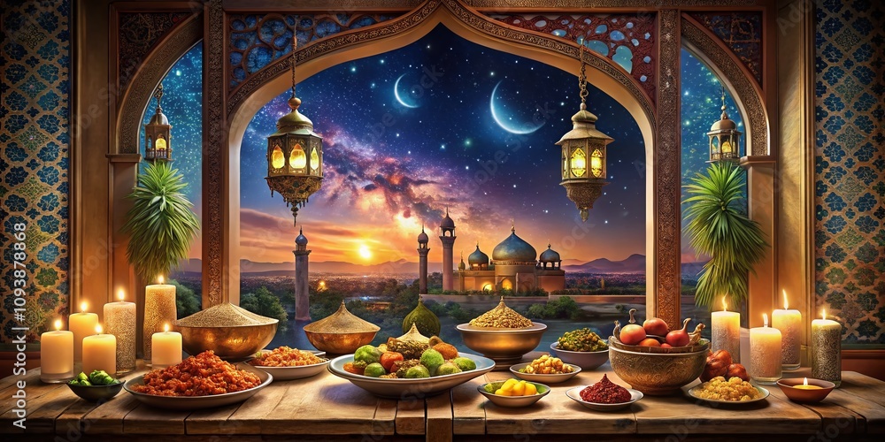 Obraz premium Enchanting Arabian Night Feast Through a Window with Exquisite Dishes, Colorful Spices, and Glimmering Lanterns Creating a Magical Atmosphere for Culinary Delights
