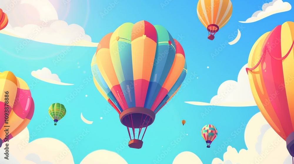 Fototapeta premium Colorful hot air balloons float in a blue sky with white clouds, cartoon illustration.