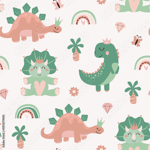 Princess Dinosaurs seamless pattern. Cute dino, palm tree, flower, diamond, butterfly and rainbow vector cartoon.