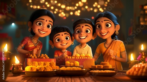 A joyful scene of an Indian family of four, surrounded by festive decorations, celebrating Bhai Dooj by exchanging gifts, with traditional sweets and lamps placed on a beautifully adorned table. photo