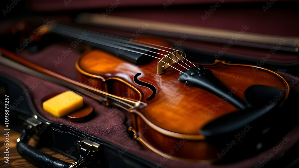Fototapeta premium A close-up of a violin resting on its case, with a bow and rosin placed neatly beside it.