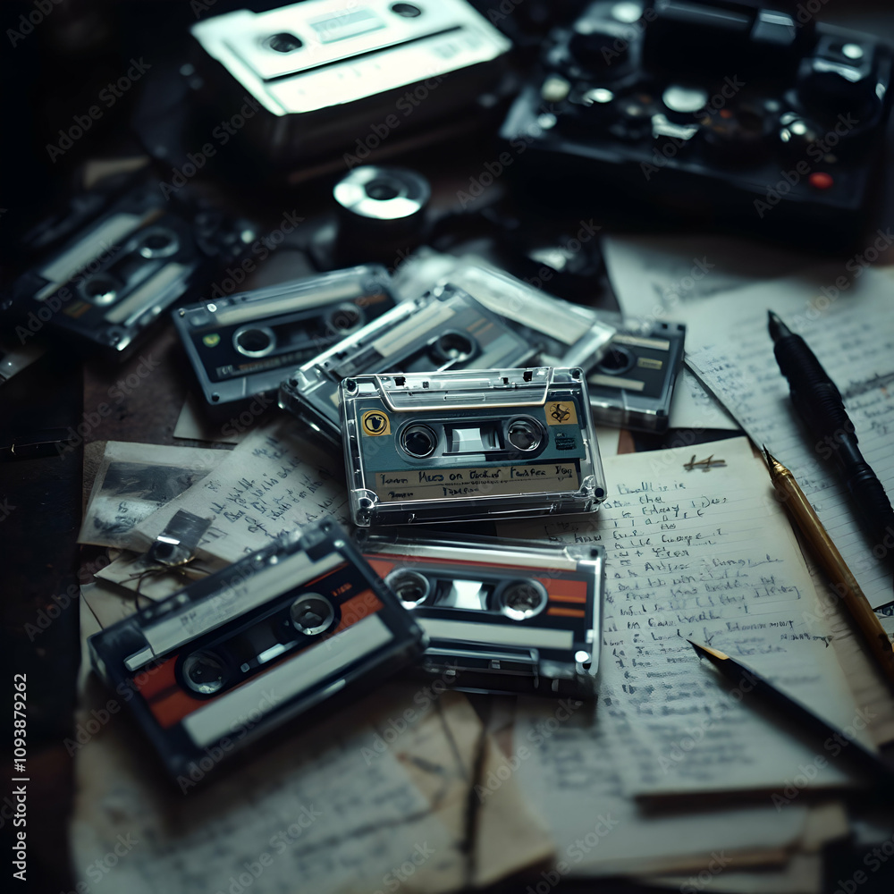 A nostalgic scene of cassette tapes and a Walkman placed on a desk, with scattered handwritten playlists A nostalgic scene of cassette tapes and a Walkman placed on a desk, with scattered handwritten playlists