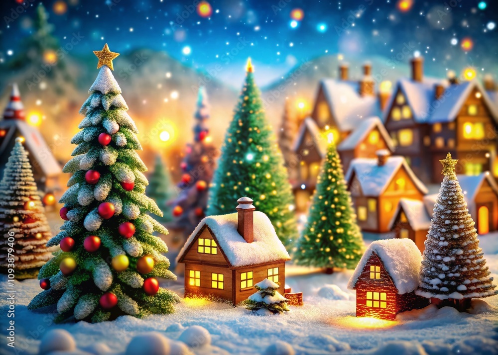Obraz premium Enchanting Christmas Season Landscape with Hand-Drawn Elements, Celebrating the Festive Spirit in a Whimsical Winter Wonderland of Snowflakes, Trees, and Ornaments