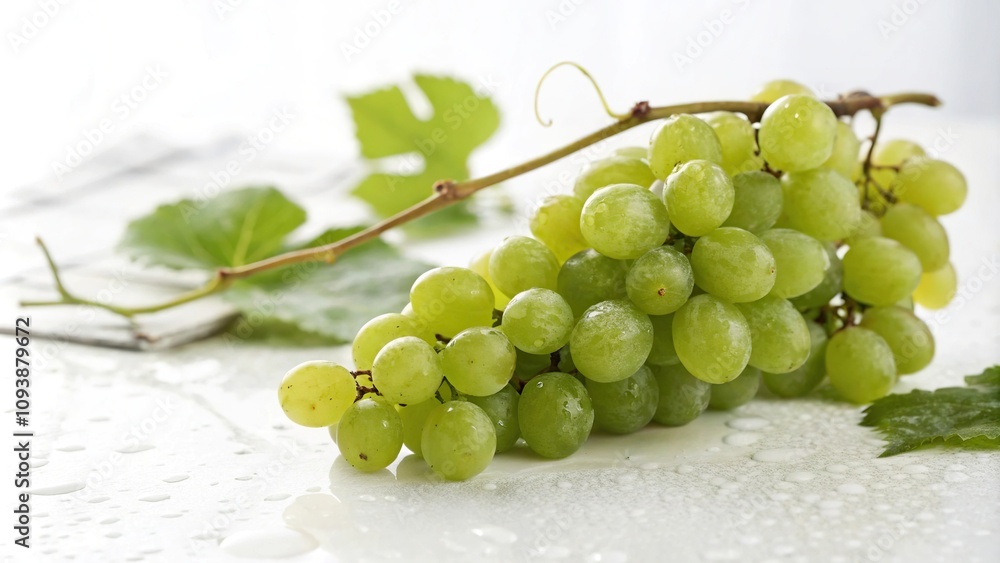 Fresh green grapes cluster isolated on a crisp white background with slight texture and soft focus effect, white, clusters, , fruit Fresh green grapes cluster isolated on a crisp white background with slight texture and soft focus effect, white, clusters, , fruit