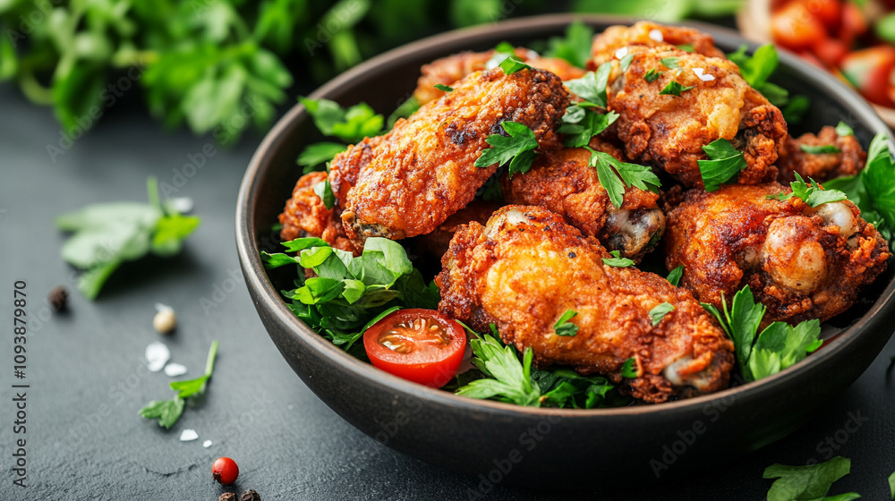crispy fried chicken, golden-brown and freshly cooked, with an empty space for captions or promotional text, representing indulgence and the craving for comfort food crispy fried chicken, golden-brown and freshly cooked, with an empty space for captions or promotional text, representing indulgence and the craving for comfort food