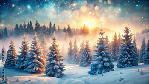 Enchanting Double Exposure Winter Landscape with Christmas Trees in a Watercolor Style for a Festive Holiday Atmosphere